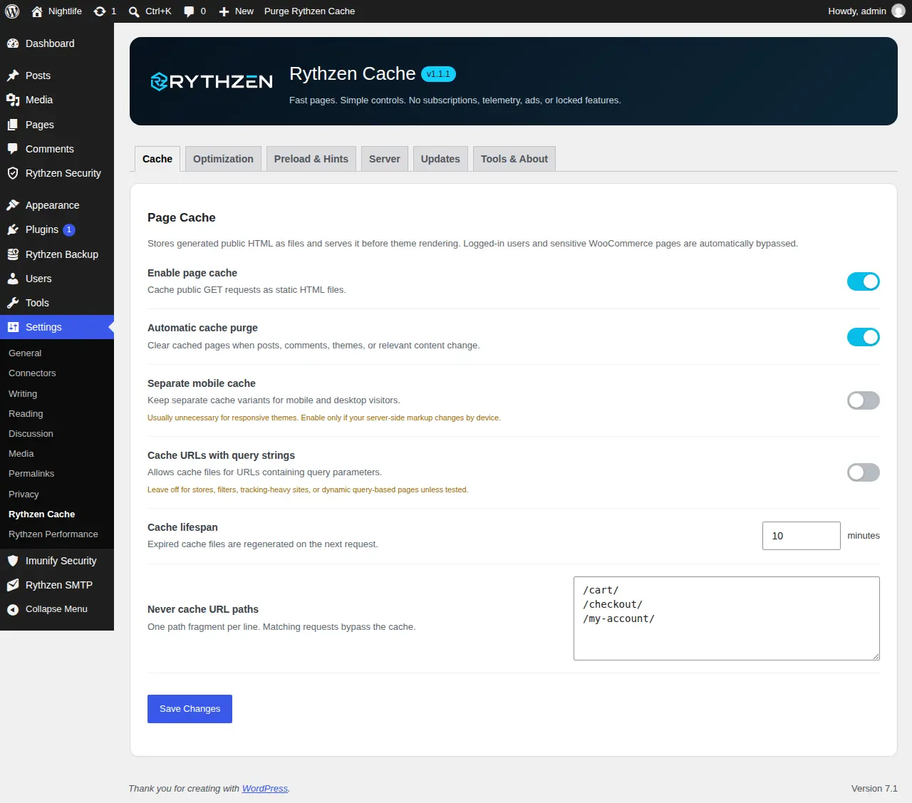The page cache: on, purging automatically, with the WooCommerce paths that must never be cached already excluded.