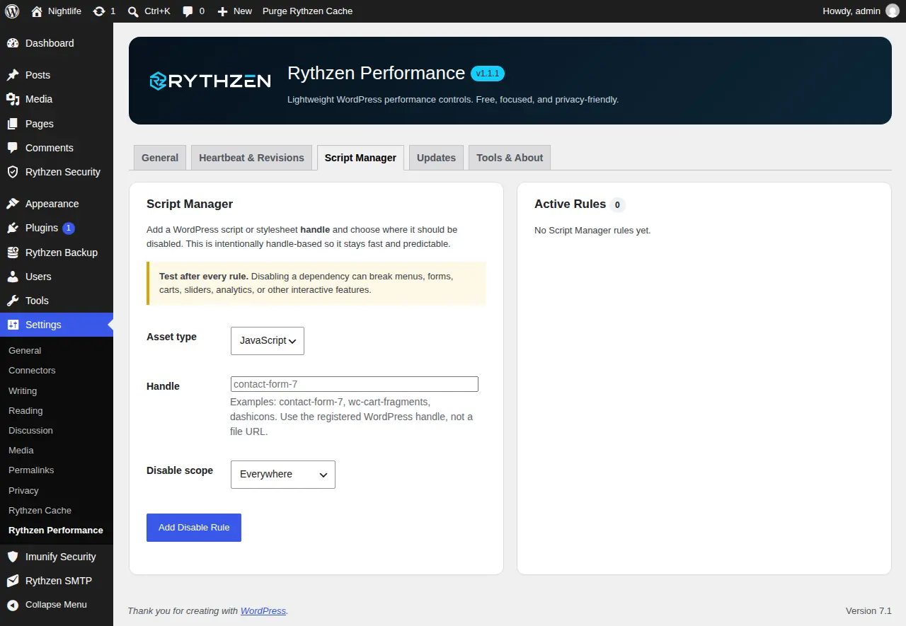 The Script Manager unloads a specific stylesheet or script by handle — site-wide, per post type, or on one page.