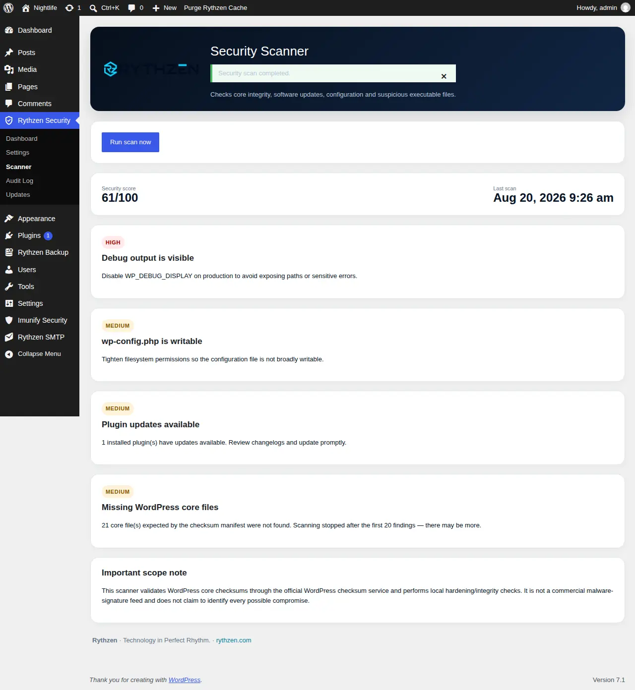 The scanner compares core files against the official WordPress checksums and explains why each finding was raised.