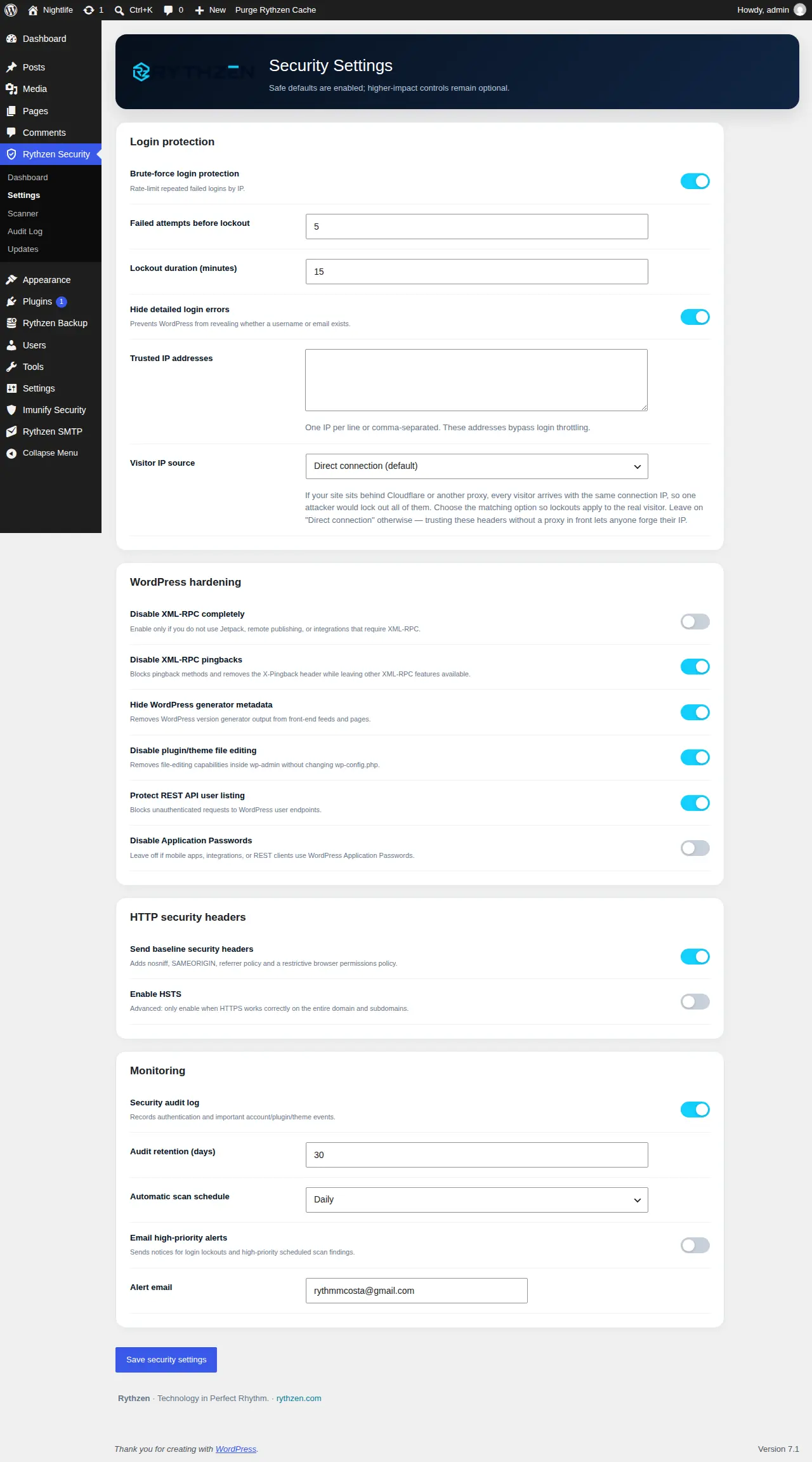 Login throttling, the visitor-IP source, integrity scanning and security headers — every option with the reason it exists.