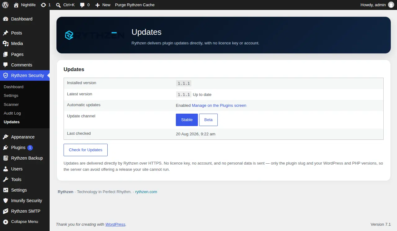 The Updates screen: what is installed, what is available, and the release channel this site follows.