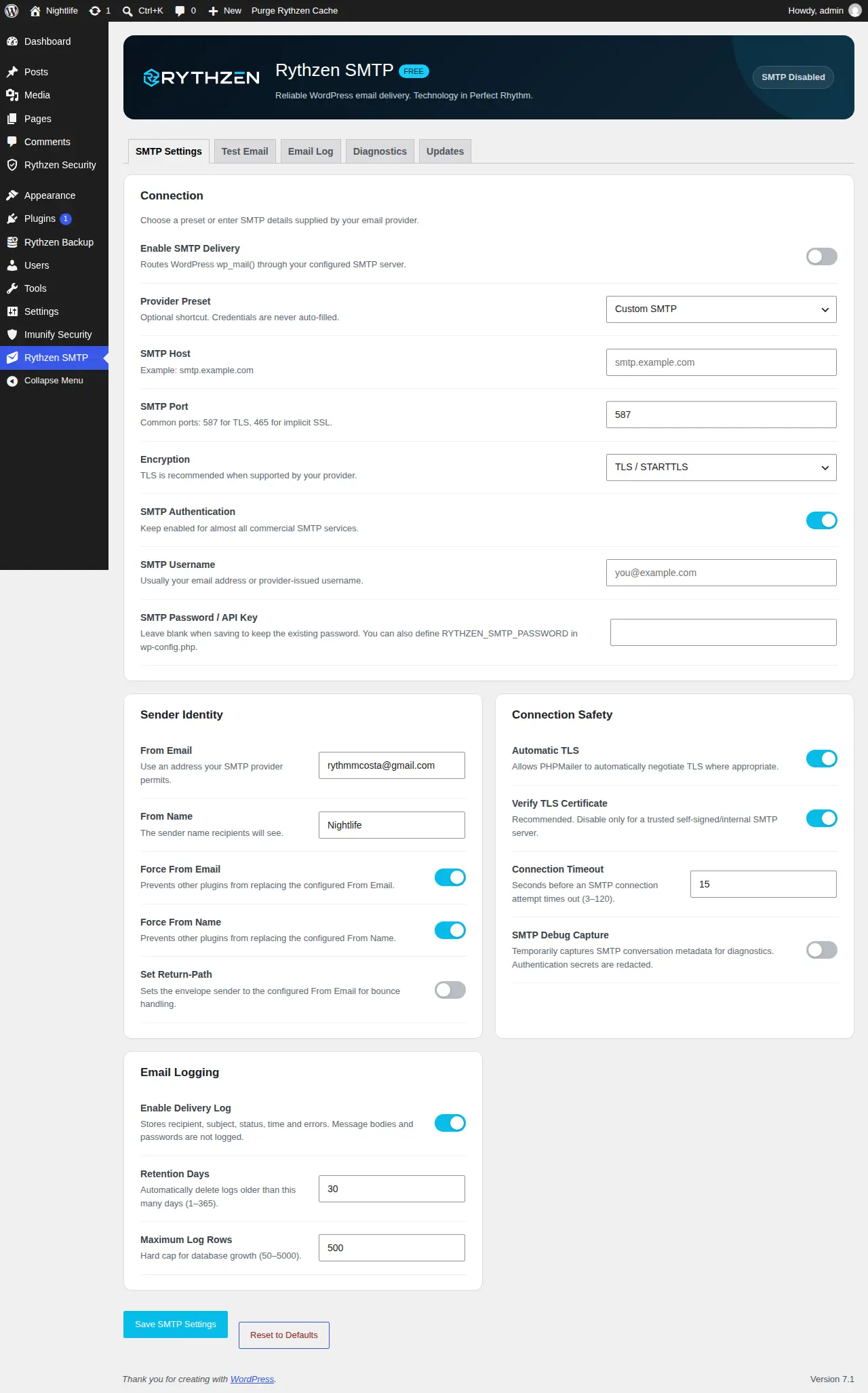 Host, port, encryption and authentication, with provider presets and a from-address WordPress will actually be allowed to use.