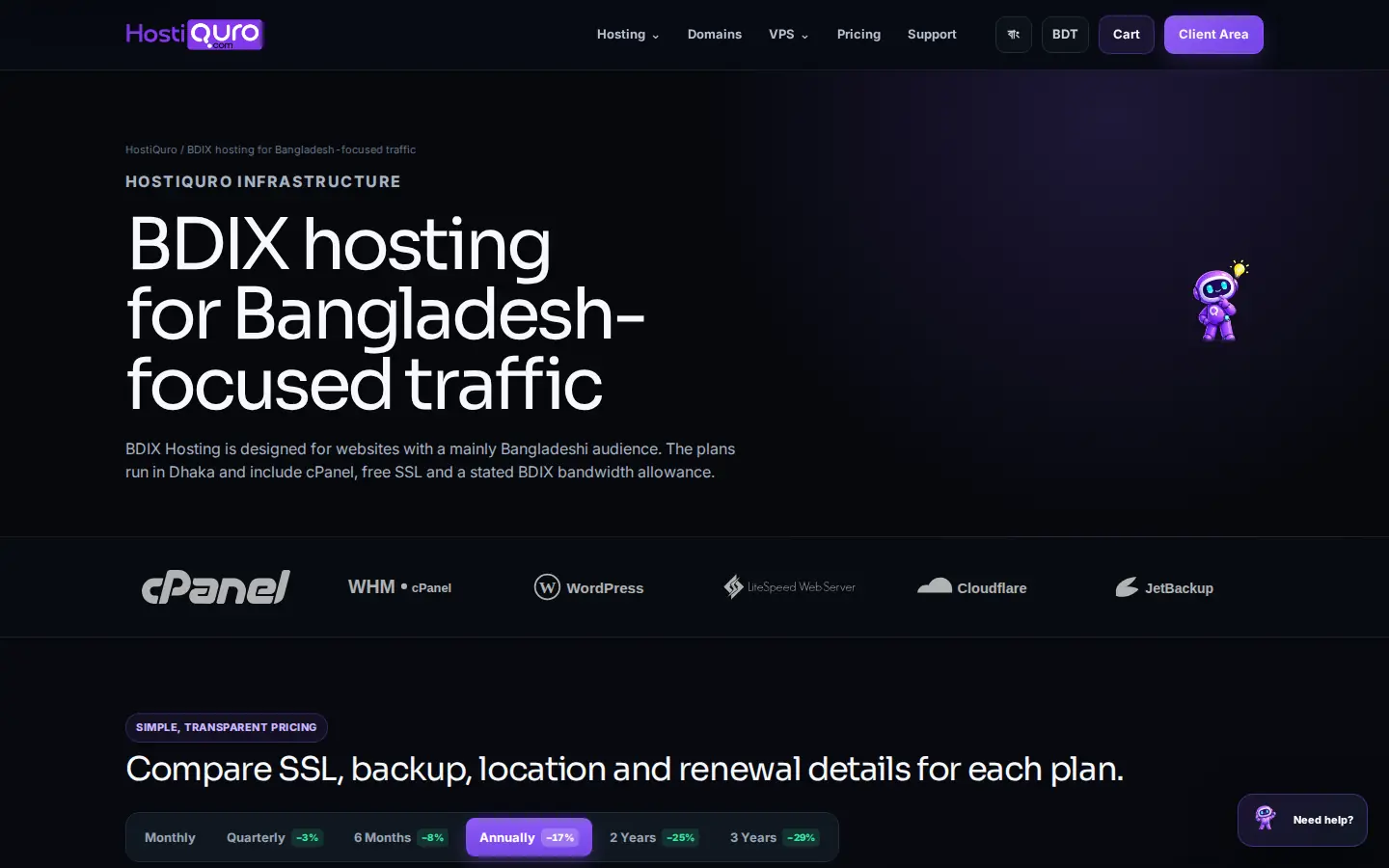 BDIX hosting: plans served from Dhaka, so traffic inside Bangladesh stays inside Bangladesh.