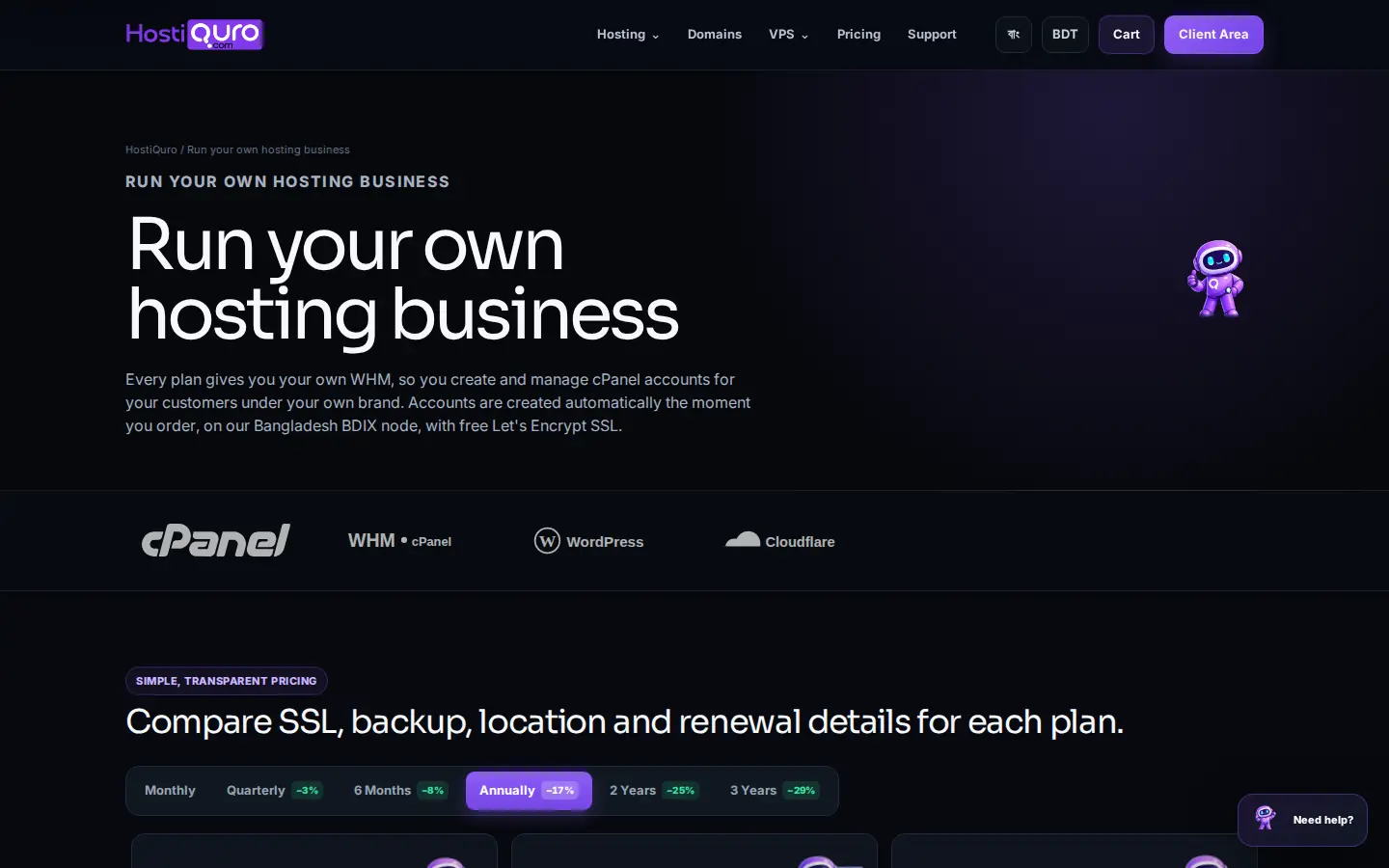Reseller hosting: your own WHM, unlimited cPanel accounts, and branded nameservers.
