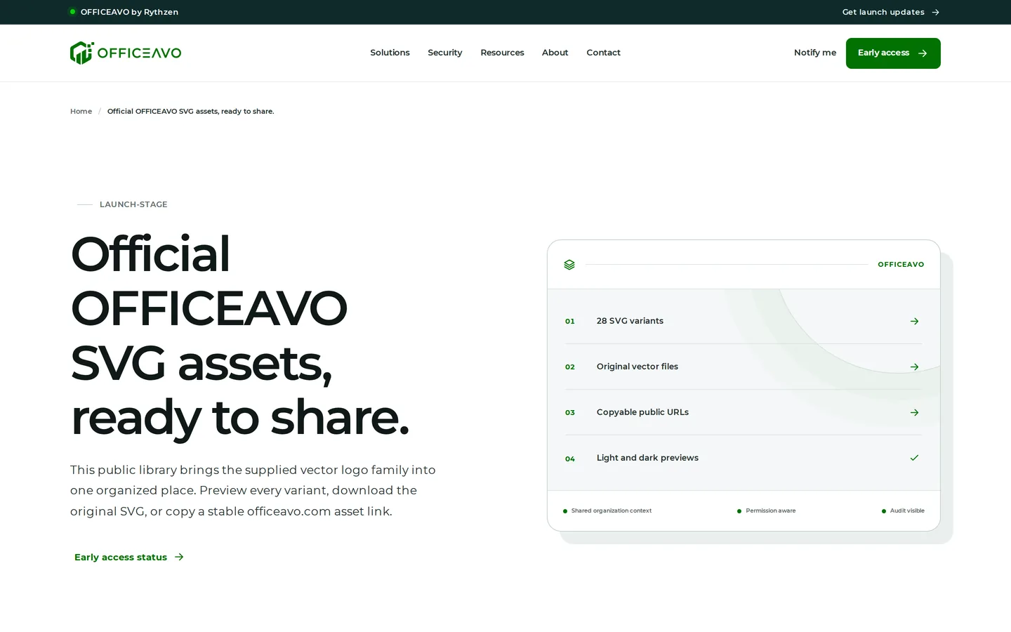 28 official SVG logo and mark variants with copyable public links, so partners never redraw the mark.