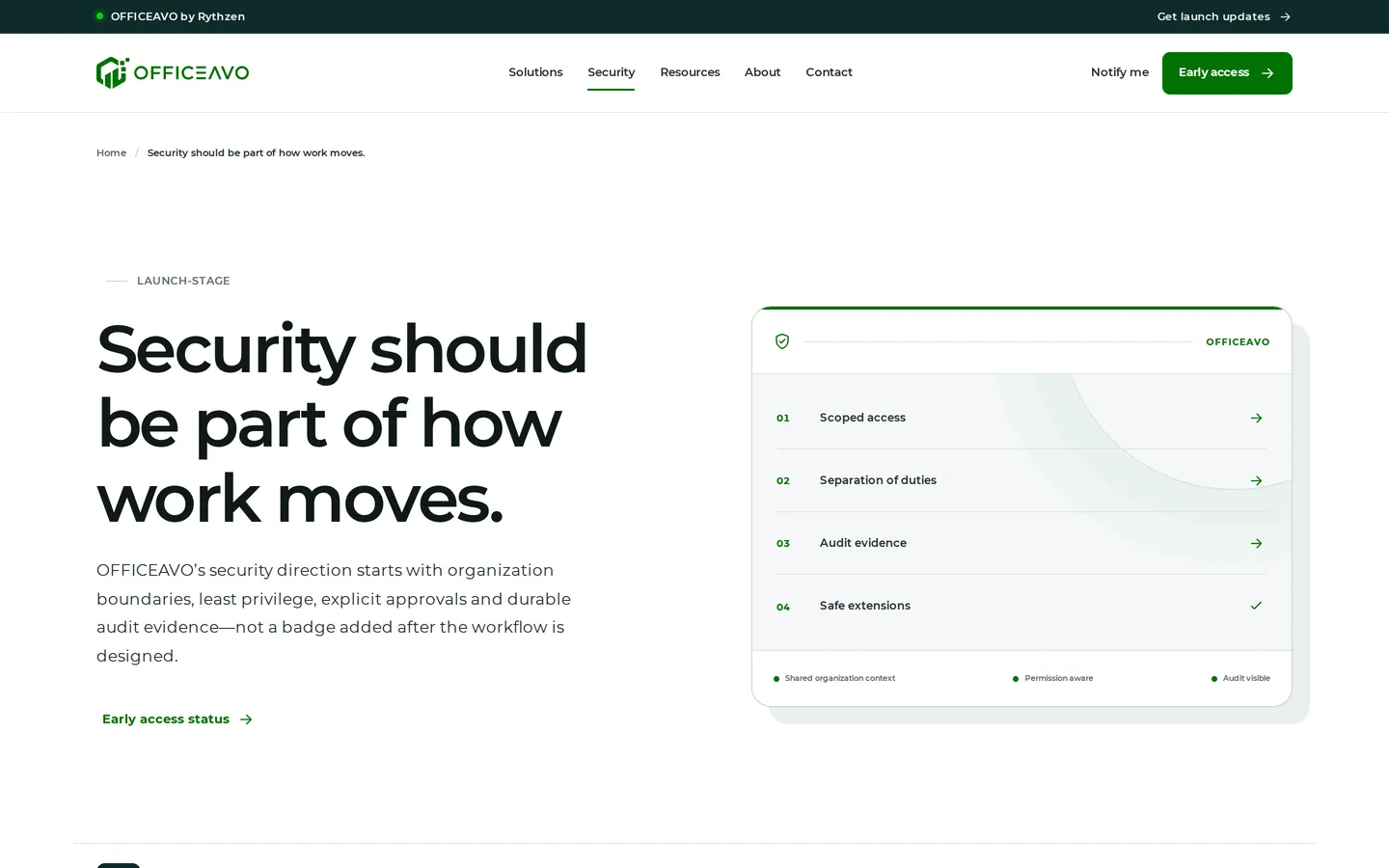 Security written as part of how work moves: scoped permissions, tenant separation, approvals, audit history and bounded device actions.