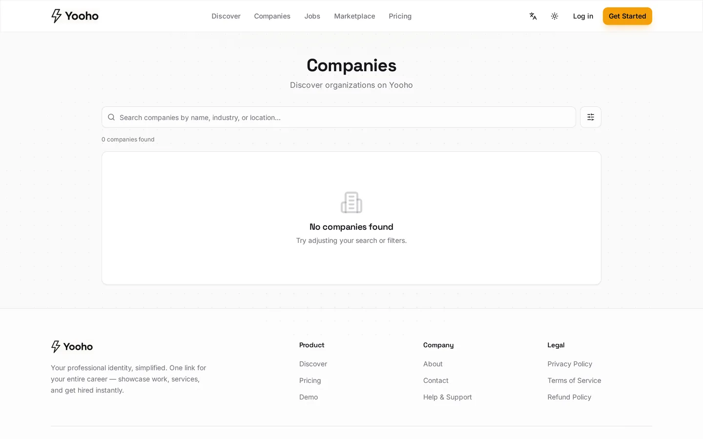 Company pages with members, roles and social links. No company has registered yet.