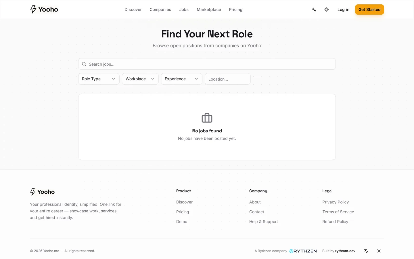 Search, role type, workplace, experience and location filters — over zero posts, because none have been made yet.