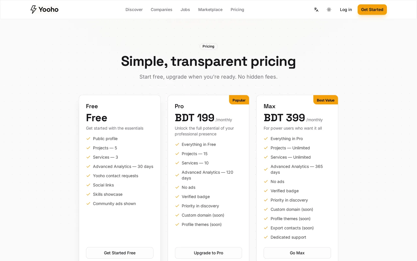 Pricing, rendered from the plans table — so the page and the billing engine cannot disagree about what a plan includes.